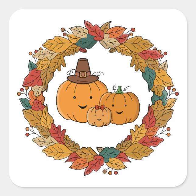 Autumn Pumpkin Family Wreath Square Sticker (Front)