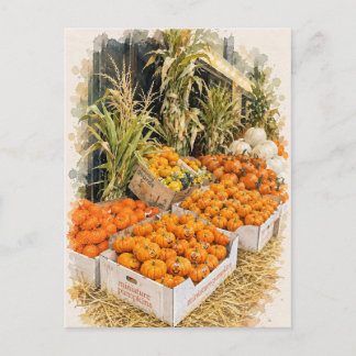 Autumn Pumpkin Farm Stand Watercolor Postcard