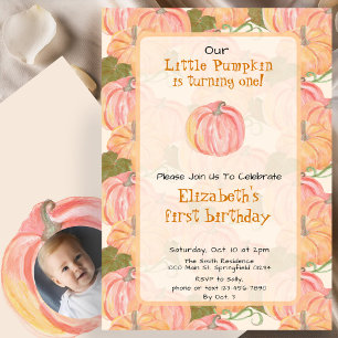 Autumn Pumpkin First Birthday Custom Photo Invitation
