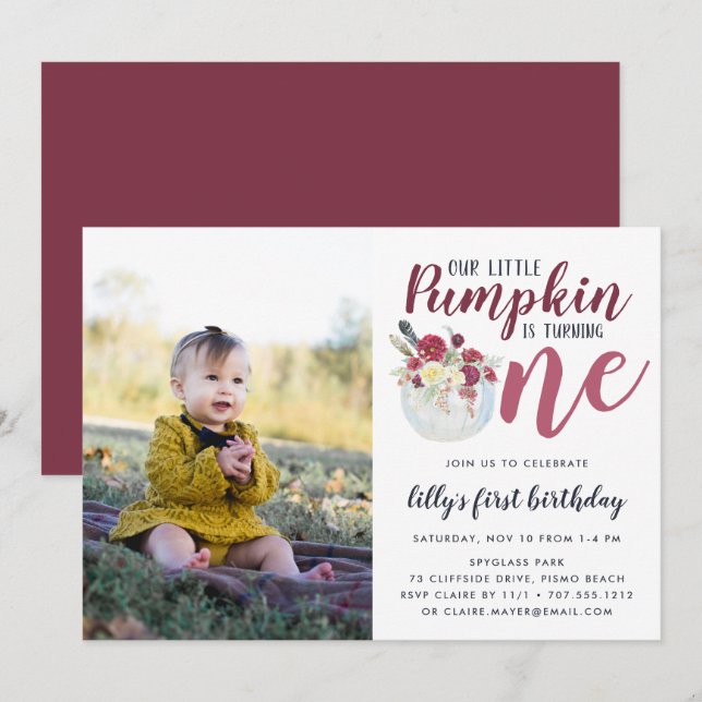 Autumn Pumpkin First Birthday Party Photo Invitation (Front/Back)