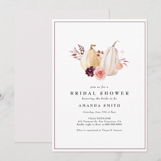 Autumn Pumpkin Floral Blush Pink Bridal Shower Invitation (Front/Back)