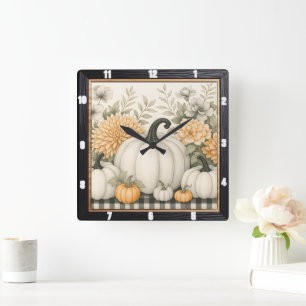 Autumn Pumpkin Floral Harvest  Square Wall Clock