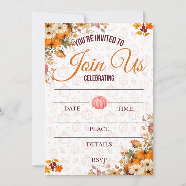 Autumn Pumpkin Floral Invitation (Front)