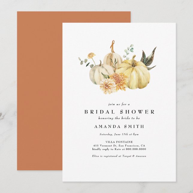 Autumn Pumpkin Floral Orange Bridal Shower Invitation (Front/Back)