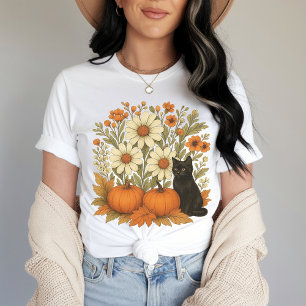 Autumn Pumpkin Floral Shirt, Vintage Fall Cat Tee
