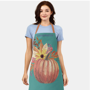 Autumn pumpkin floral terracotta orange and teal  apron