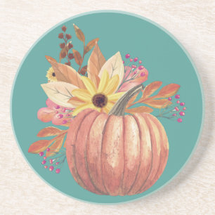 Autumn pumpkin floral terracotta orange and teal coaster