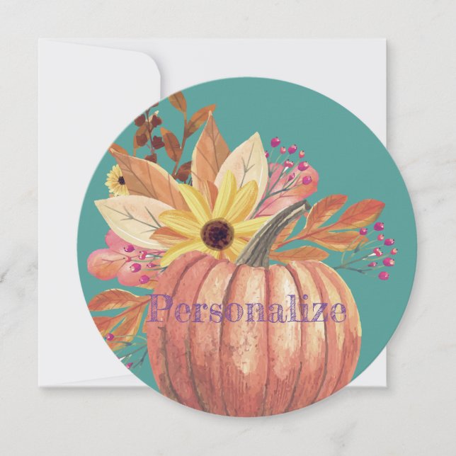 Autumn pumpkin floral terracotta orange and teal  invitation (Front)