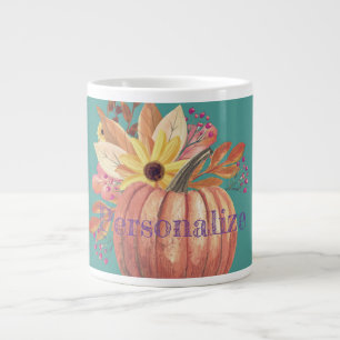 Autumn pumpkin floral terracotta orange and teal  large coffee mug