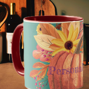 Autumn pumpkin floral terracotta orange and teal mug