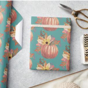 Autumn pumpkin floral terracotta orange and teal  wrapping paper