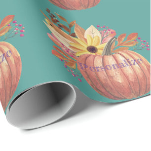 Autumn pumpkin floral terracotta orange and teal  wrapping paper