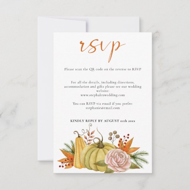 Autumn Pumpkin Floral Wedding QR Code RSVP Card (Front)