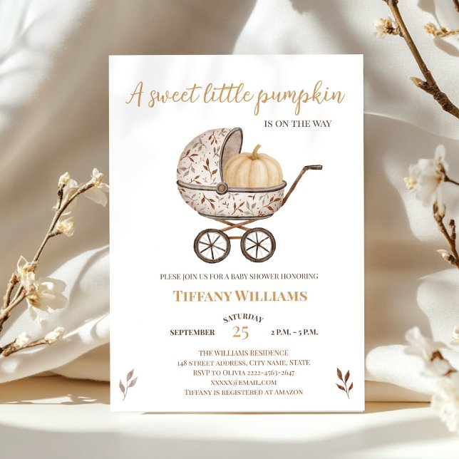Autumn pumpkin gender neutral baby shower invitation (A little pumpkin is on the way rustic retro stroller baby shower invitation )