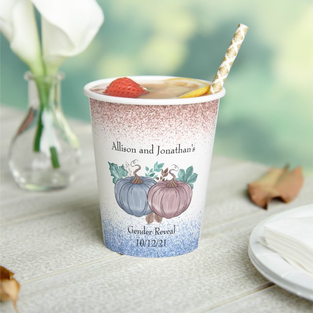 Autumn Pumpkin Gender Reveal pink blue glitter Paper Cups (Insitu)