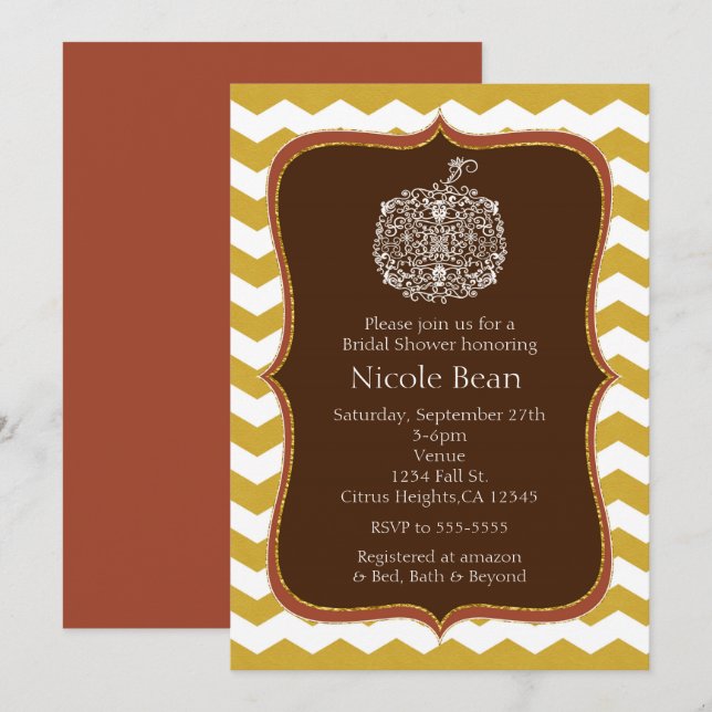 Autumn Pumpkin & Gold Chevron Elegant Invitation (Front/Back)