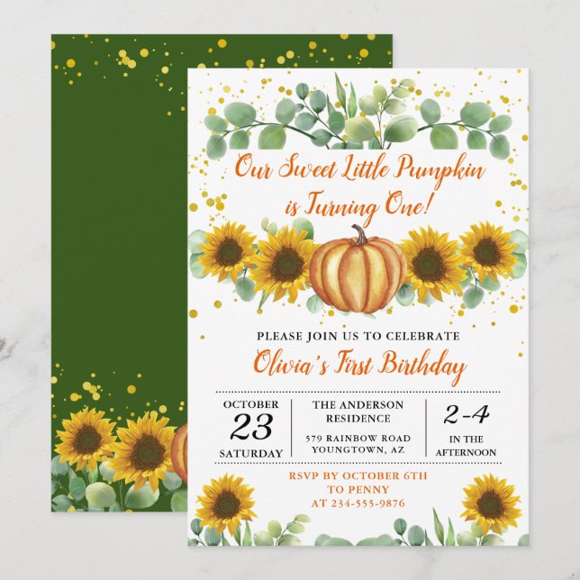 Autumn Pumpkin Greenery Sunflowers Fall Birthday Invitation (Front/Back)