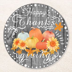 Autumn Pumpkin Grey Pine Round Paper Coaster