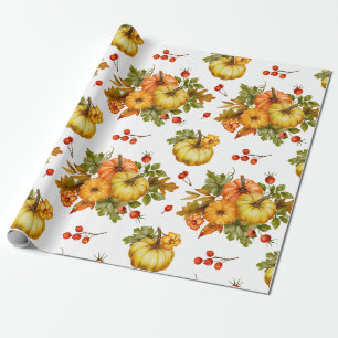 Autumn Pumpkin Harvest, Red Berries and Leaves  Wrapping Paper