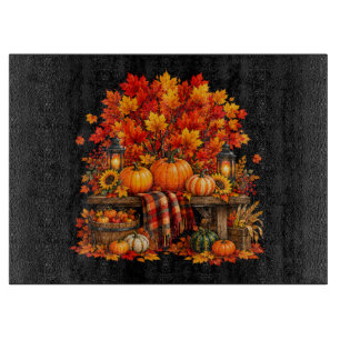 Autumn Pumpkin Harvest Red Maple Leaves Fall Cutting Board