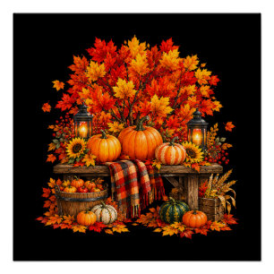 Autumn Pumpkin Harvest Red Maple Leaves Fall Poster