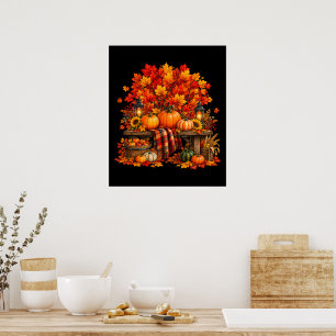 Autumn Pumpkin Harvest Red Maple Leaves Fall Poster