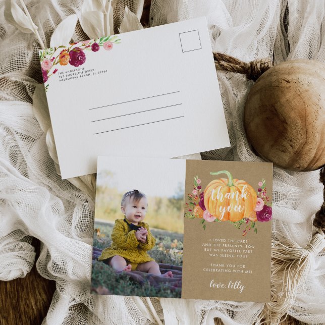 Autumn Pumpkin Kids Birthday Party Photo Thank You Postcard (Creator Uploaded)