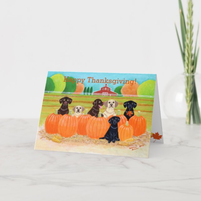 Autumn Pumpkin Labradors Painting Holiday Card (Front)