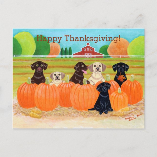 Autumn Pumpkin Labradors Painting Holiday Postcard (Front)