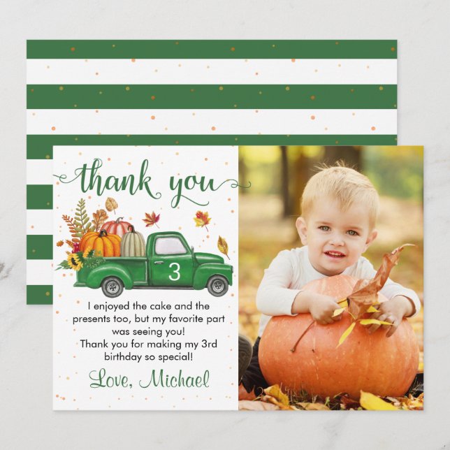 Autumn Pumpkin Leaves Green Truck Birthday Photo Thank You Card (Front/Back)