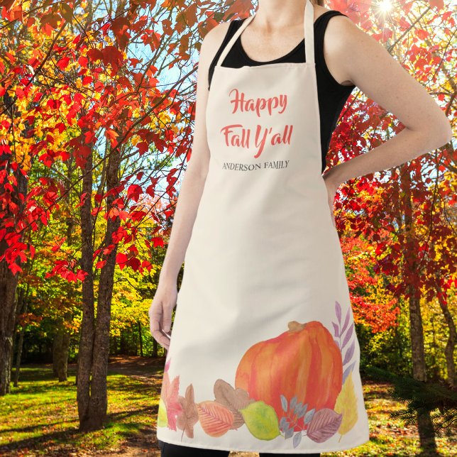 Autumn Pumpkin Leaves Happy Fall Family Name Apron (Creator Uploaded)