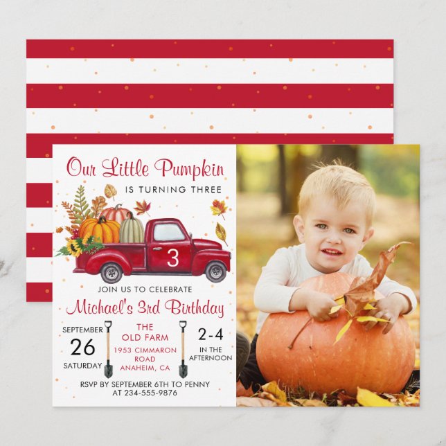 Autumn Pumpkin Leaves Red Truck Birthday Photo Invitation (Front/Back)