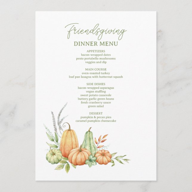 Autumn Pumpkin Leaves Rustic Friendsgiving Dinner Menu (Front)