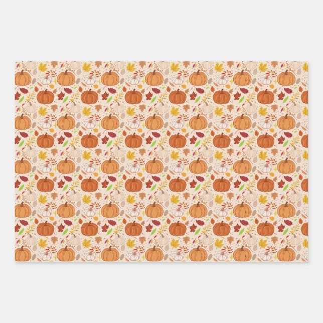 Autumn Pumpkin Leaves Seamless Pattern Wrapping Paper Sheet (Front)