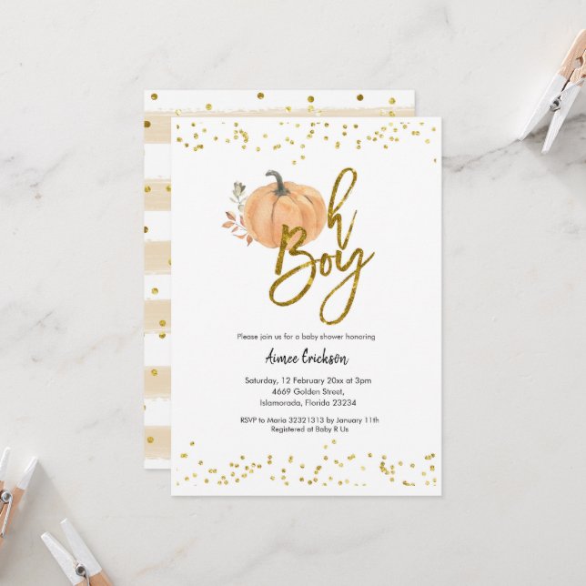 Autumn Pumpkin Oh Boy Baby Shower Invitation (Front/Back In Situ)