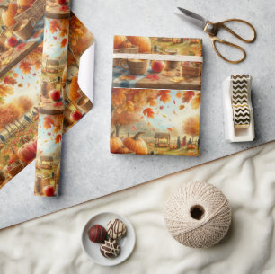 Autumn Pumpkin Patch Orange Leaves Wrapping Paper