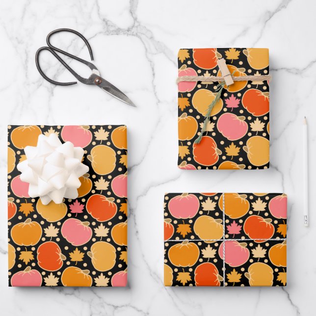 Autumn Pumpkin Pattern Black Wrapping Paper Sheet (Front)