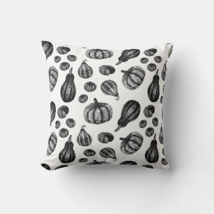 Autumn Pumpkin Pattern Ink Stipple Drawing Pillow