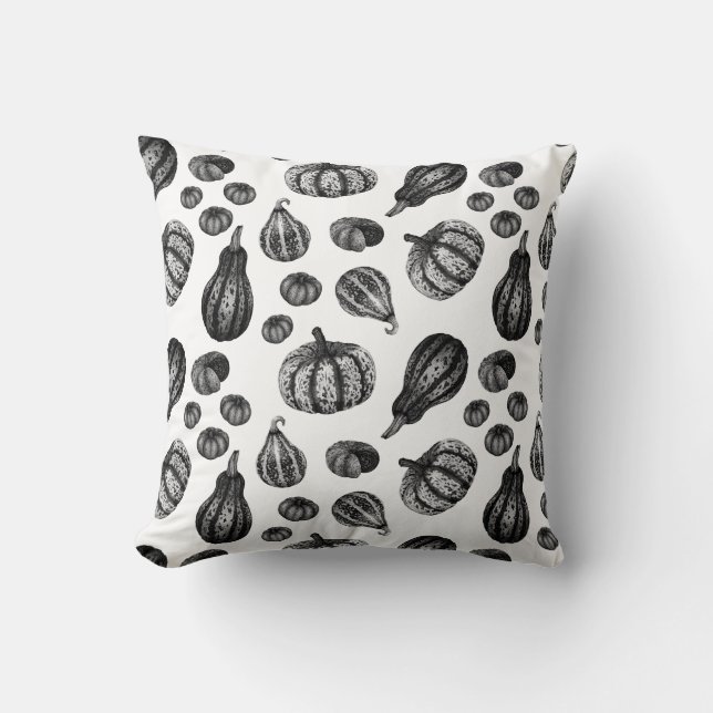 Autumn Pumpkin Pattern Ink Stipple Drawing Pillow (Front)