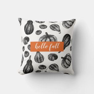 Autumn Pumpkin Pattern Ink Stipple Drawing Pillow