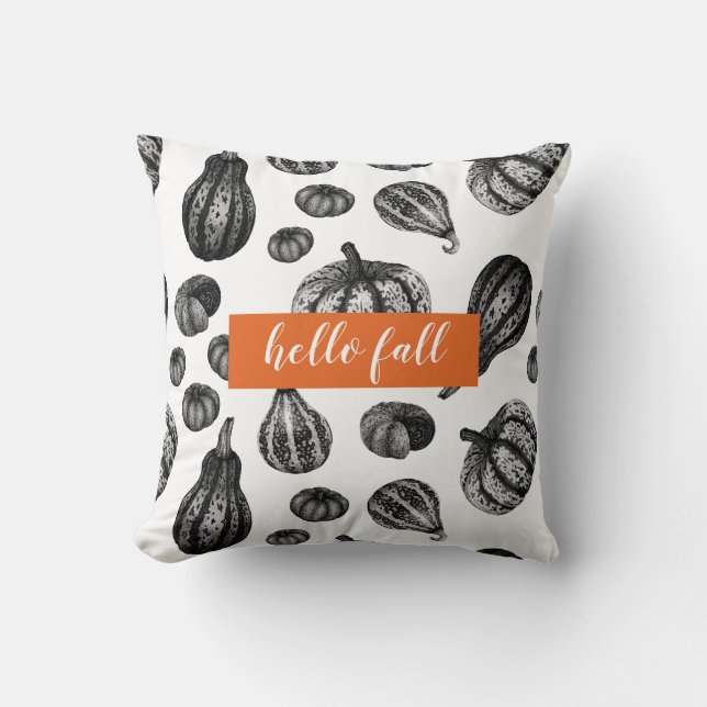 Autumn Pumpkin Pattern Ink Stipple Drawing Pillow (Front)