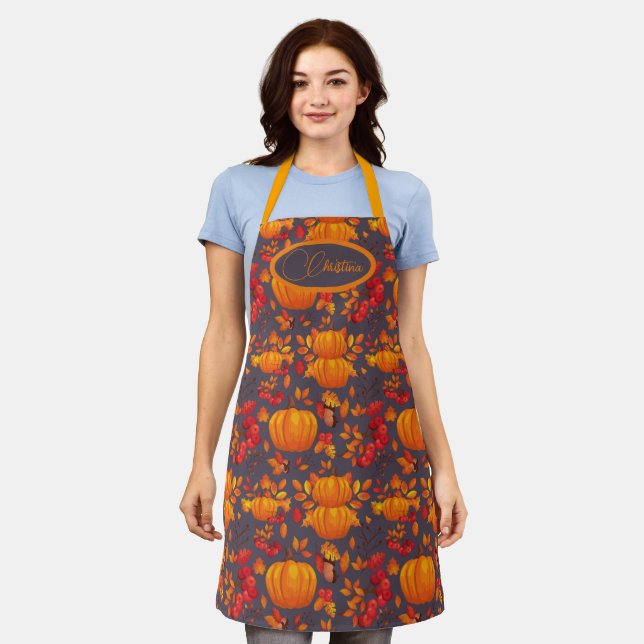 Autumn Pumpkin Personalised Apron (Worn)