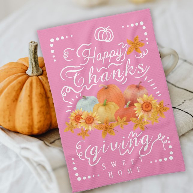 Autumn Pumpkin Pink Tea Towel (Cheerful doodling with sweet pumpkins and sunflowers design.)