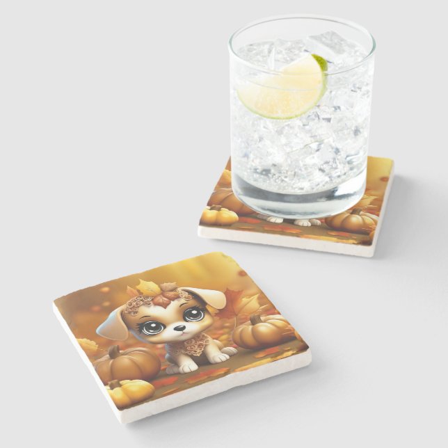 Autumn Pumpkin Puppy Stone Coaster (Side)
