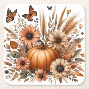 Autumn Pumpkin Square Paper Coaster