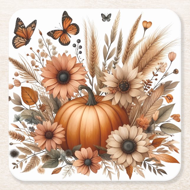 Autumn Pumpkin Square Paper Coaster (Front)
