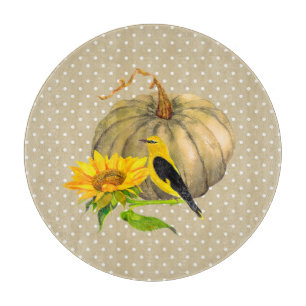 Autumn Pumpkin Sunflower and Finch  Cutting Board