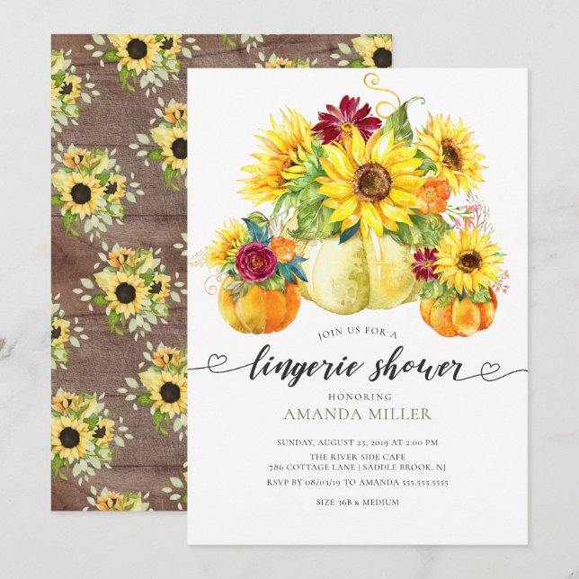 Autumn Pumpkin Sunflower Bridal Lingerie Shower Invitation (Front/Back)