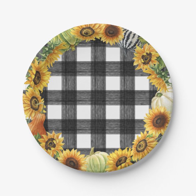 Autumn Pumpkin & Sunflower Buffalo Plaid Paper Plate (Front)