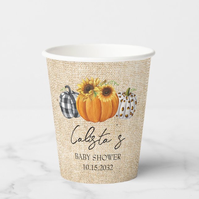 Autumn Pumpkin Sunflower Burlap Baby Shower Paper Cups (Front)
